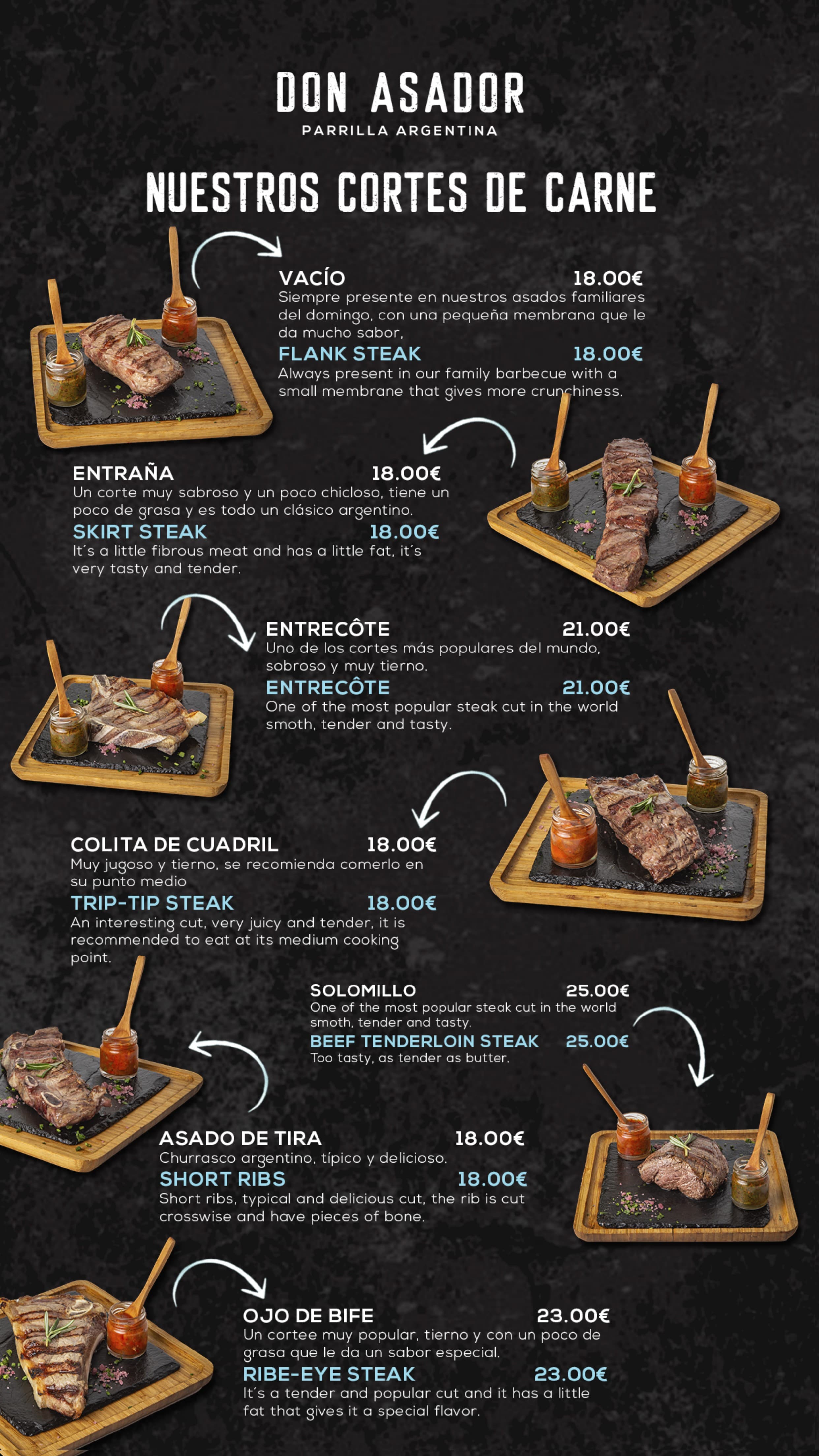 Carta Don Asador — Cortes de carne