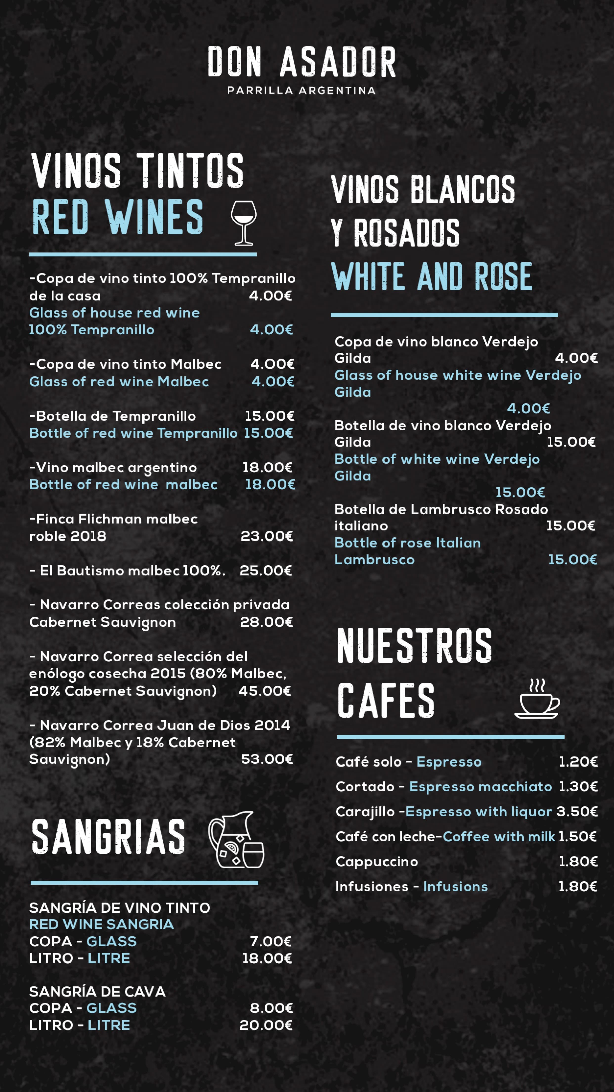 Carta Don Asador — Vinos y cafés